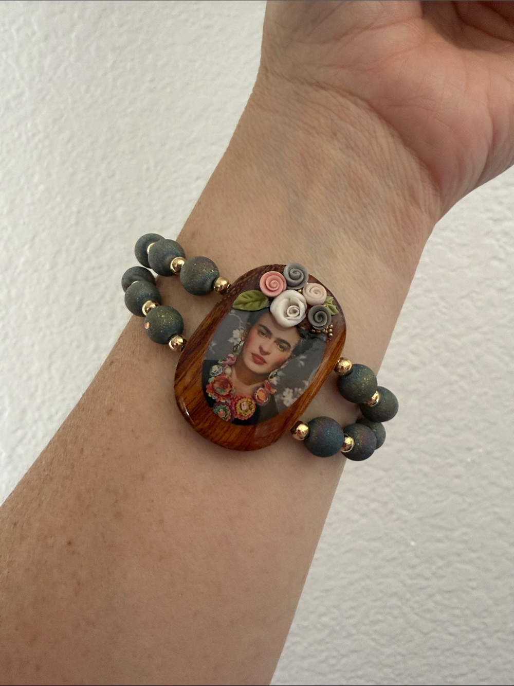 Frida Kahlo Inspired Wood Bead Stretch Bracelet in Gray with Floral Accent